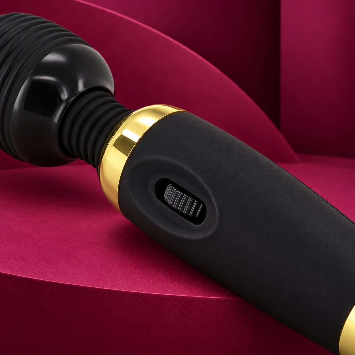 Pretty Love Power wand control wheel detail on red geometric background