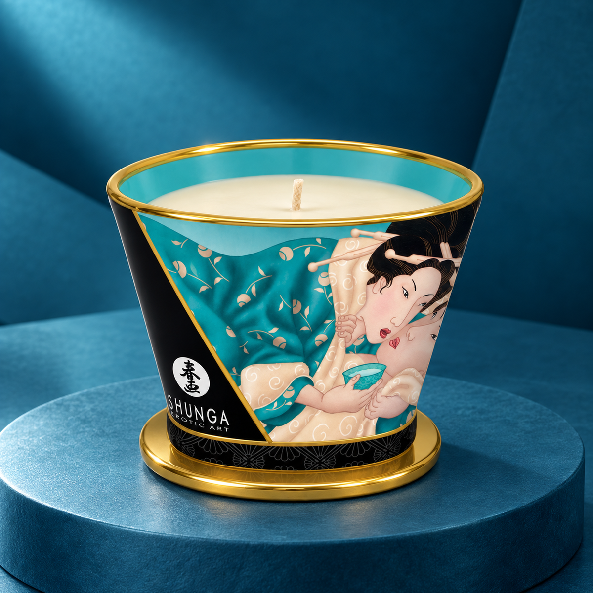 Shunga Island Blossoms 170 ml massage candle, turquoise vessel