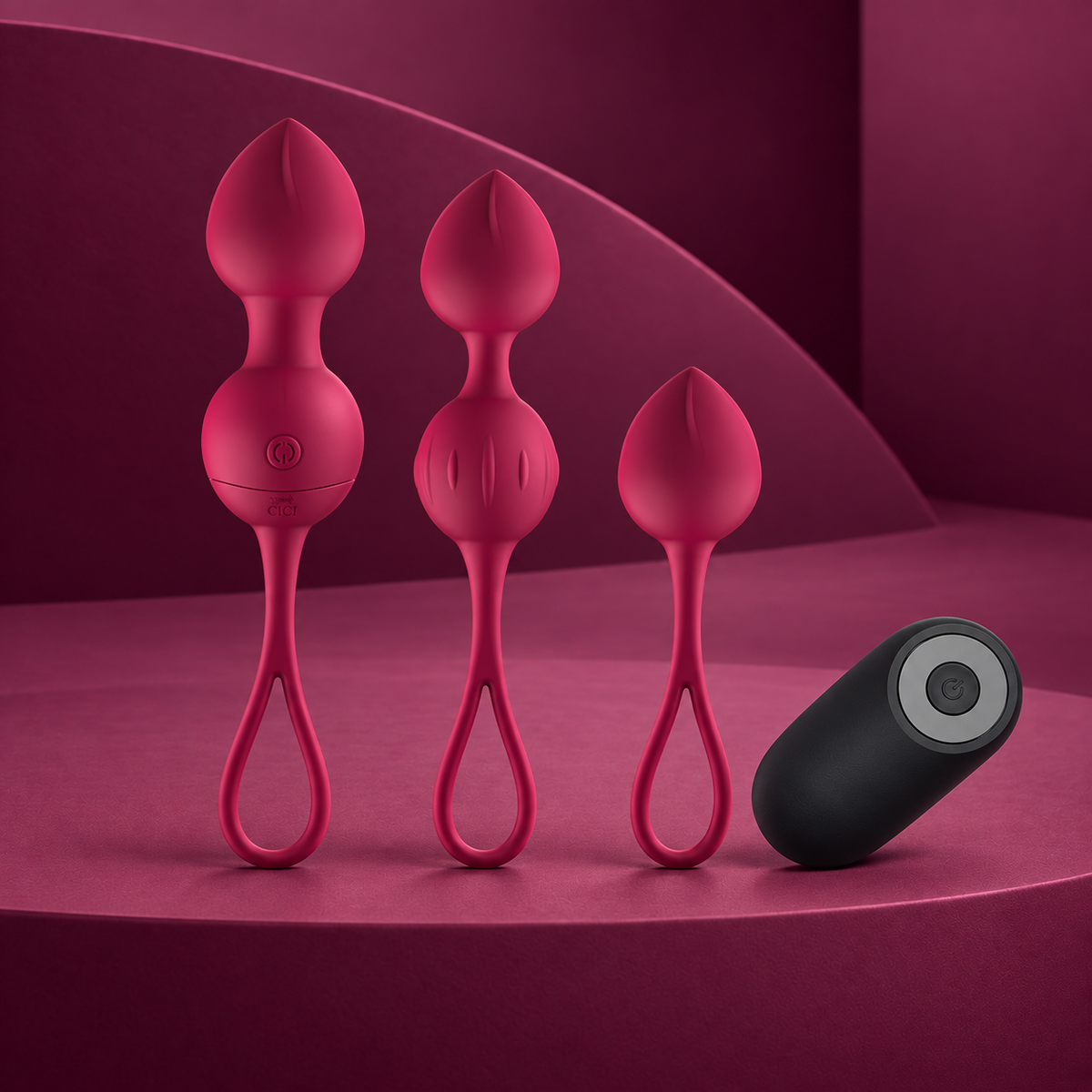 Cici Beauty three raspberry kegel bead pieces and black one-button remote on red geometric background