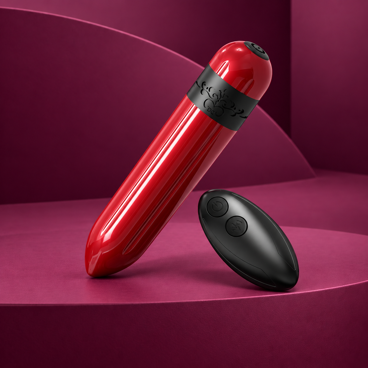Armony Rocket fuchsia bullet vibrator with two-button remote on red geometric background
