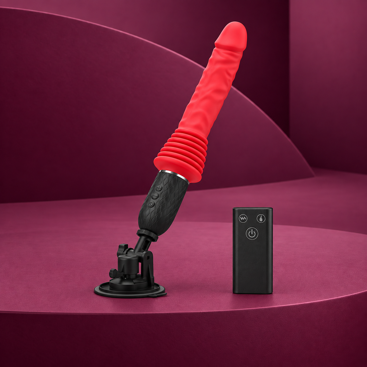 Intense Cynthia red thrusting vibrator with black suction mount and remote on red geometric background
