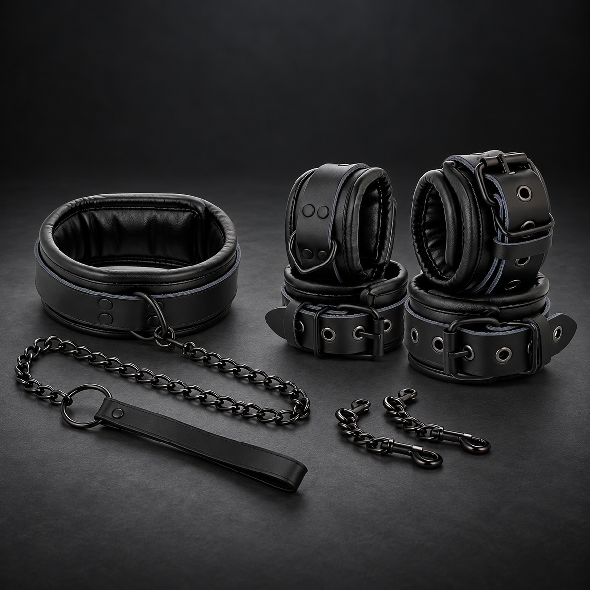 Darkness Black leather handcuffs and collar