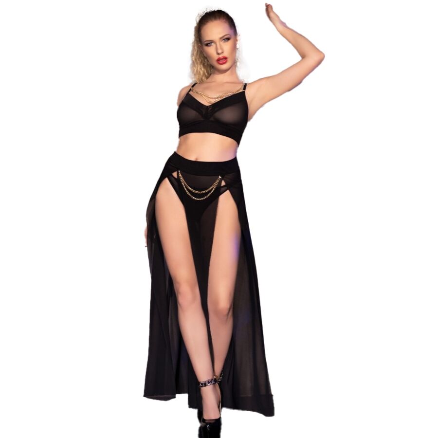 Chilirose — CR 4672 Top, Skirt & Thong with Gold Chains, Black — M, L & XL — M