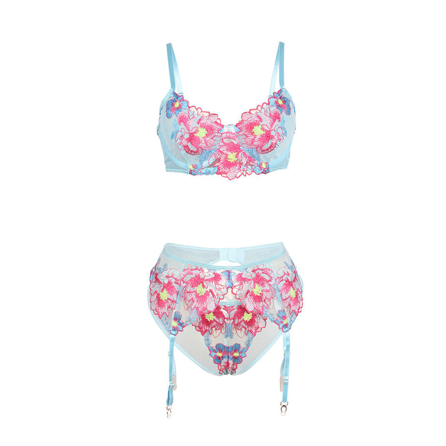 Subblime — 957650 flower embroidered bra and garter belt set pink l/xl