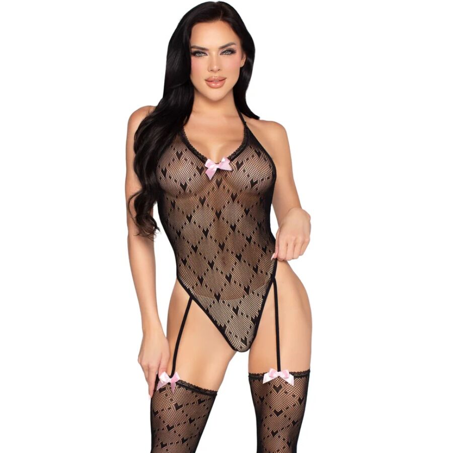 LEG AVENUE - 89360 OPEN BACK BODYSUIT WITH GARTER BELT BLACK- ONE SIZE