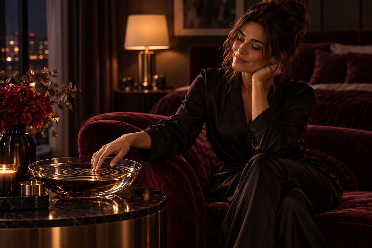 A woman in a dark robe sitting beside a table.