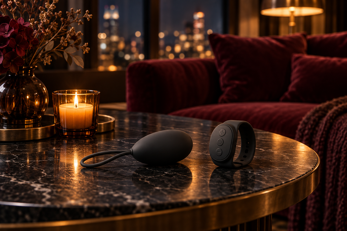 A black egg-shaped vibrator and remote control on a round table.