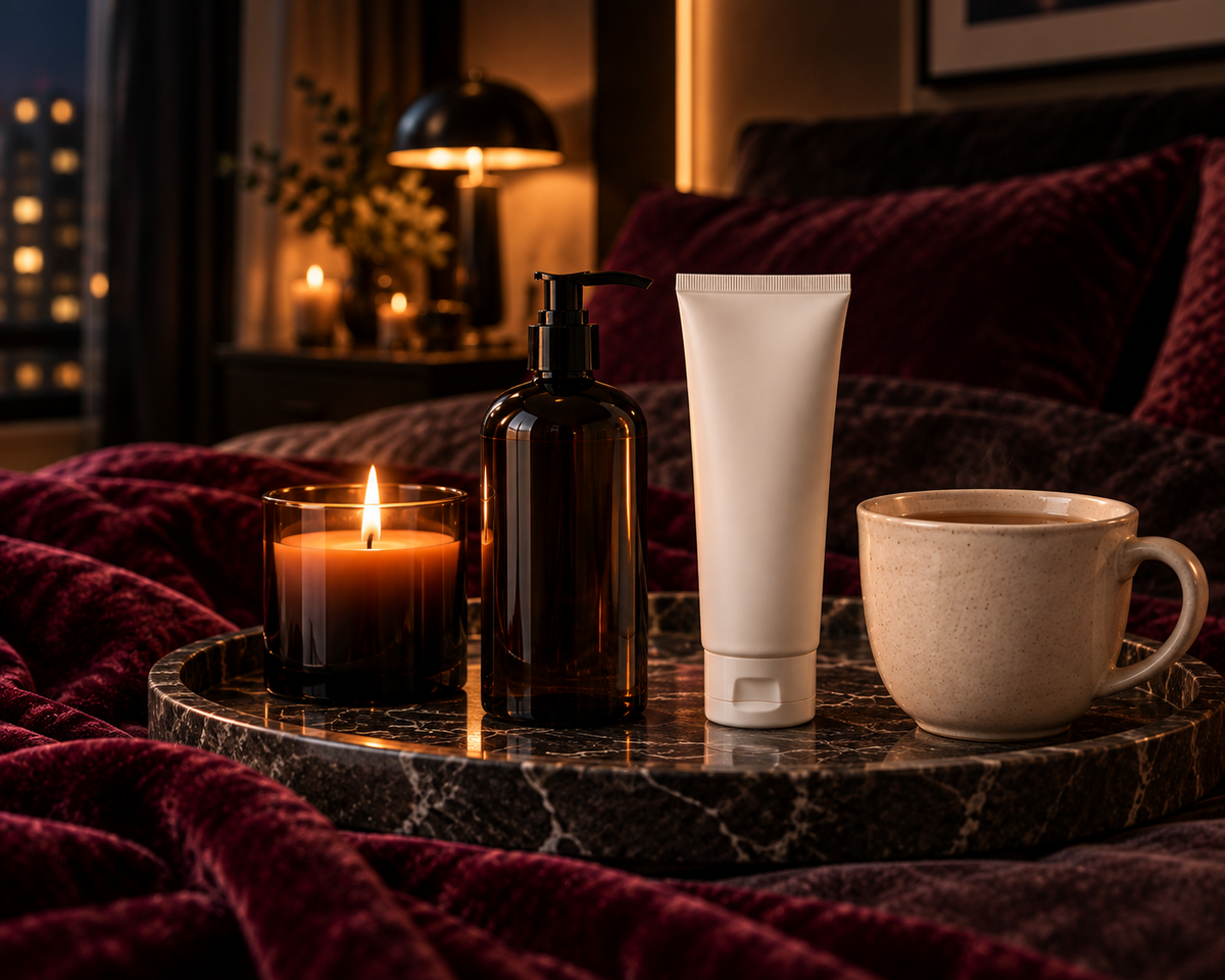 A white tube, a cup and a candle on a table.