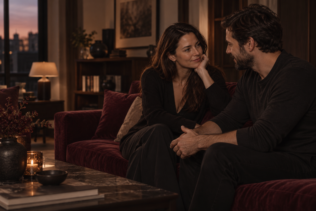 Two people sitting together on a sofa at home.