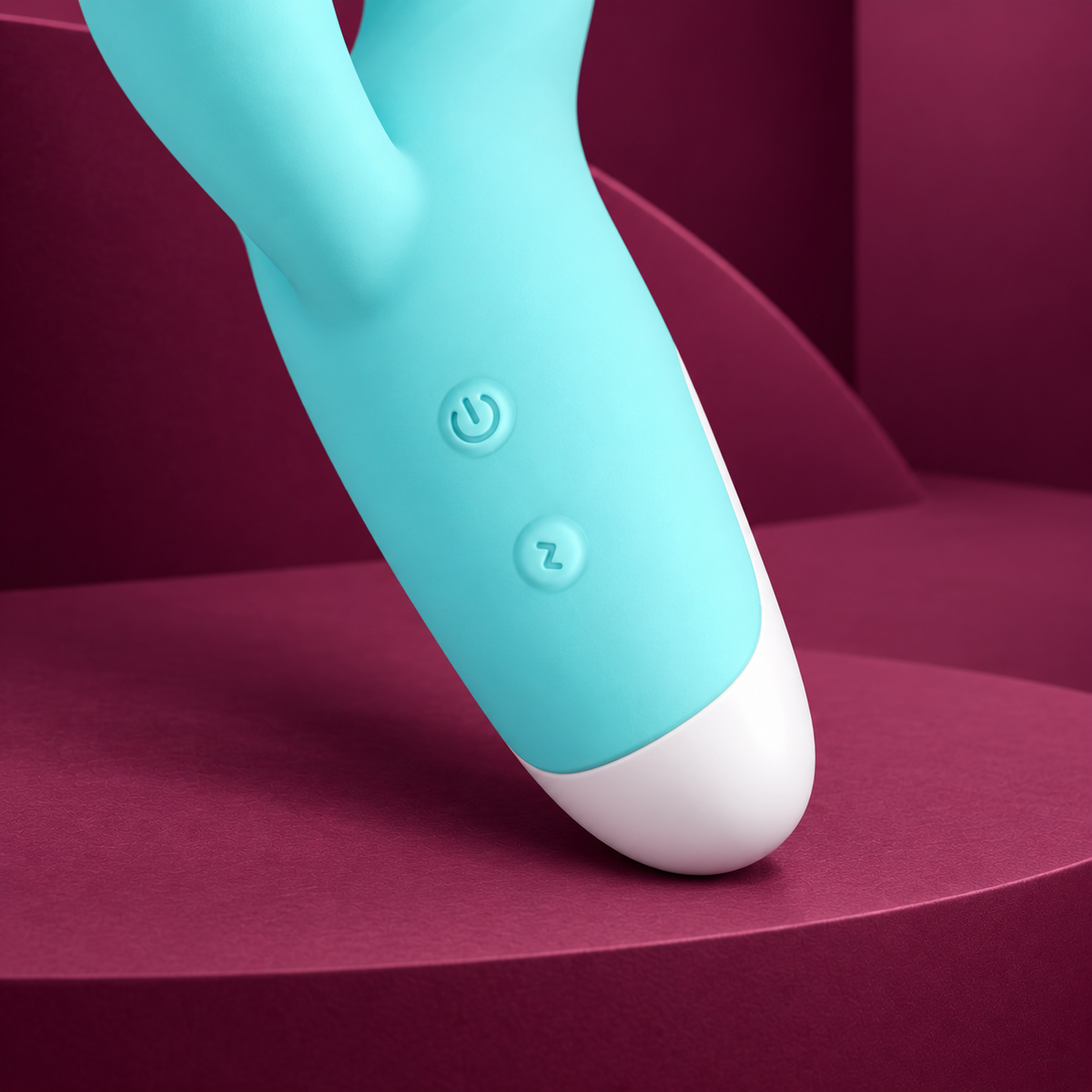Dresde teal vibrator power and zigzag controls with white base close detail on red geometric background