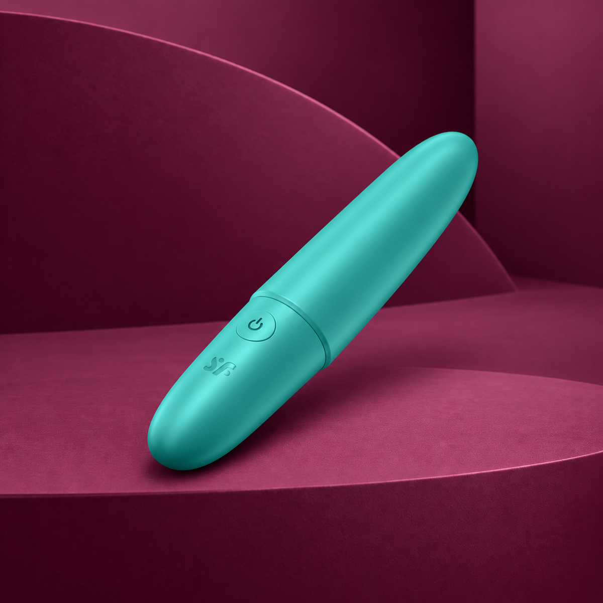 Satisfyer Ultra Power Bullet 6 turquoise with one power button and SF mark on red geometric background