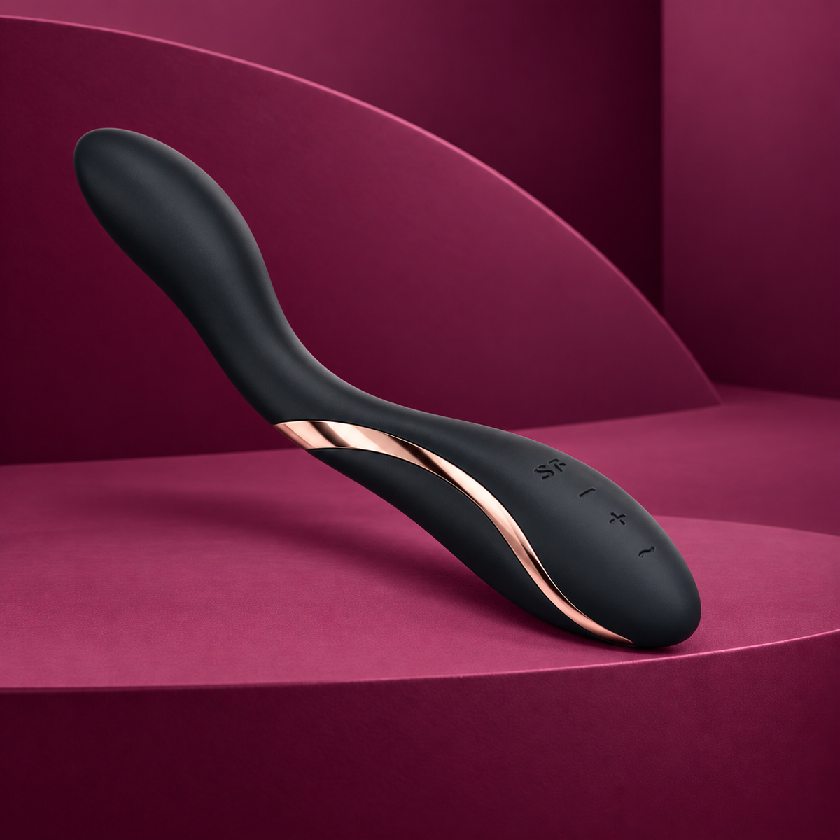 Satisfyer Rrrolling Explosion black vibrator on red geometric background