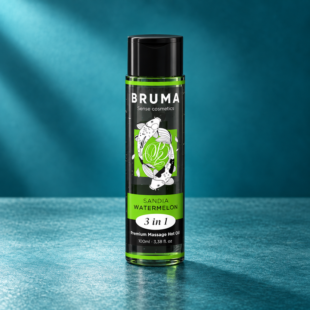 Bruma Watermelon premium massage hot oil on teal background
