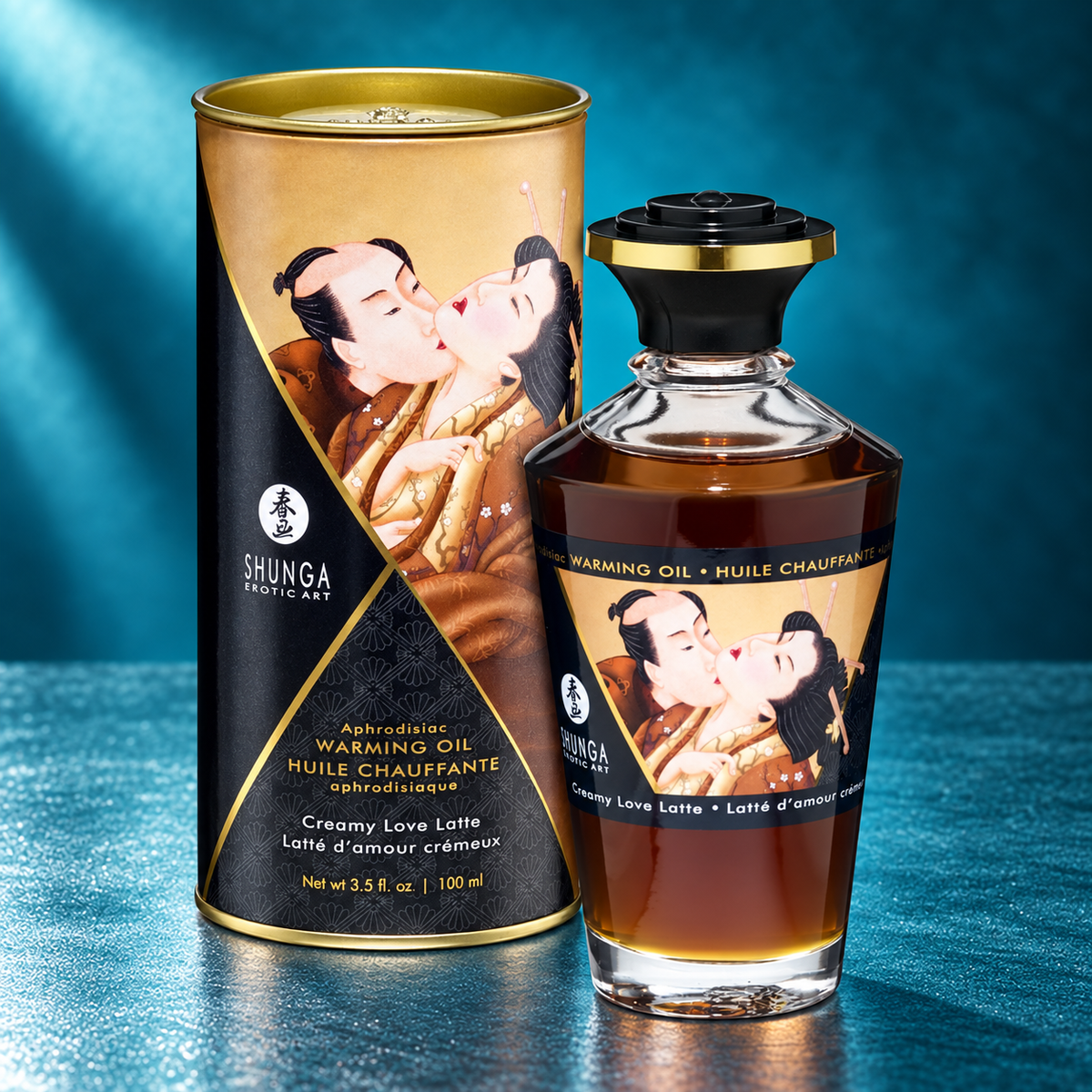 Shunga Creamy Love Latte coffee warming massage oil, 100 ml, original bottle and packaging on a teal background