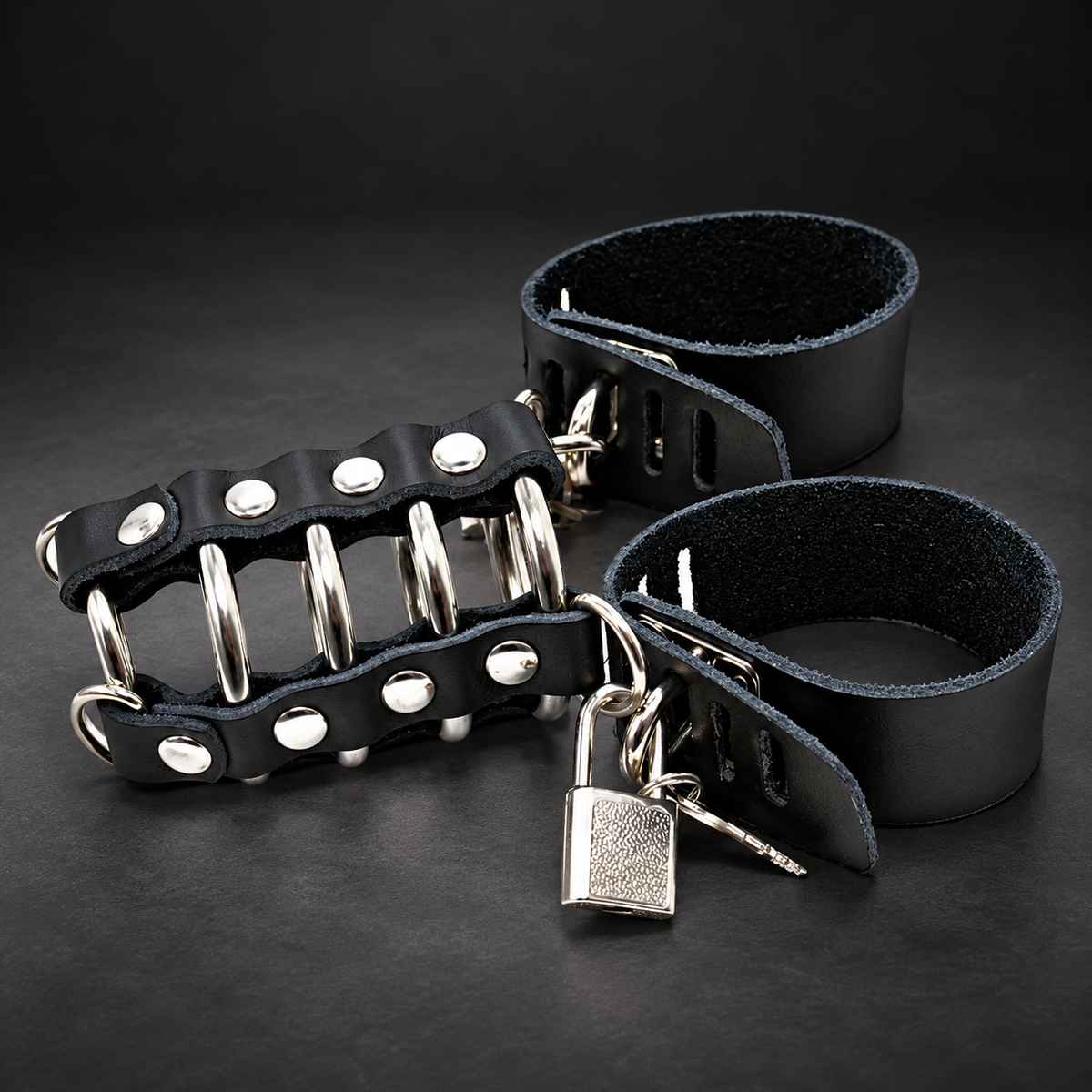 Ohmama Fetish Penis cage with metal rings and leather straps