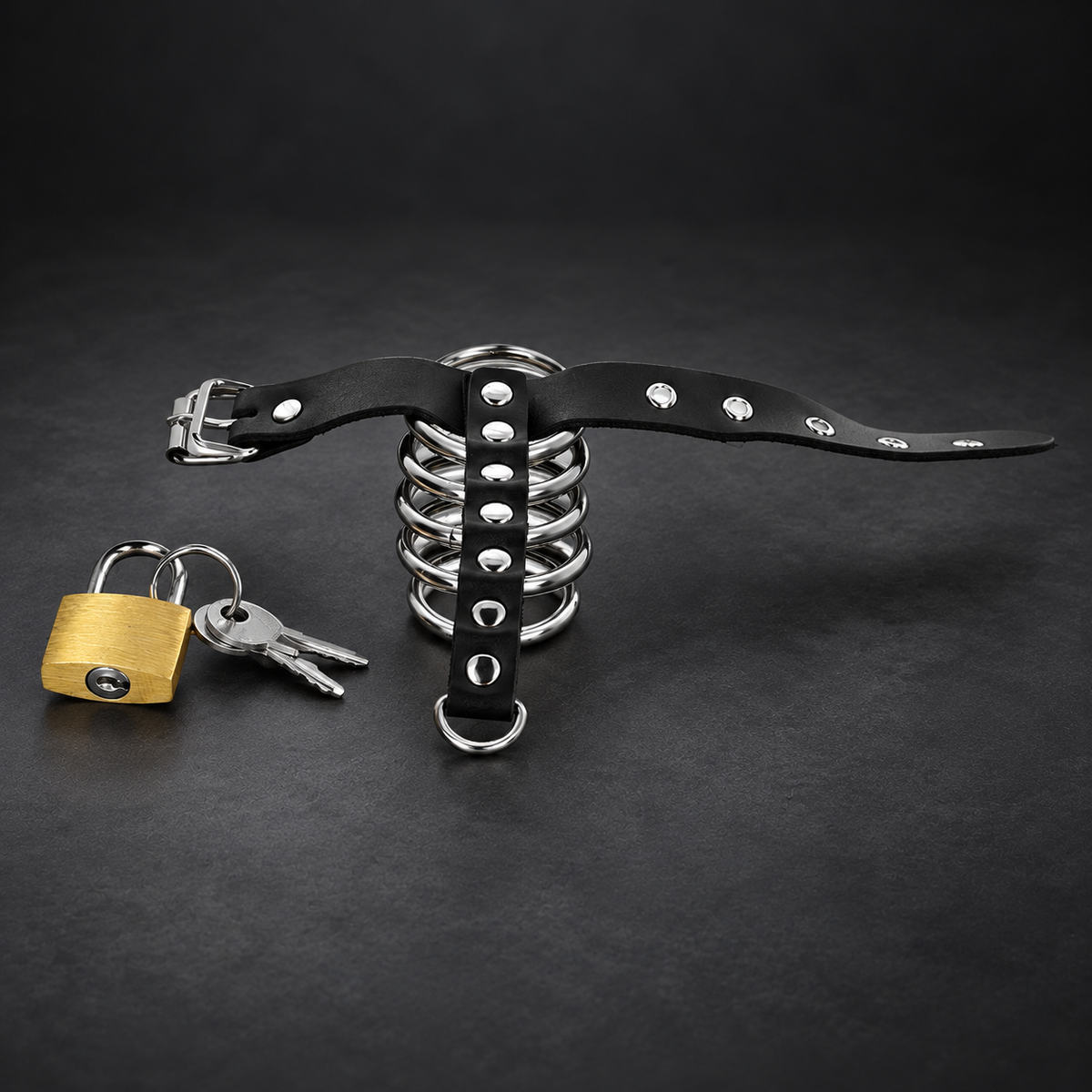 Kink Leather penis ring with lock strap 21 x 2 cm and 5 metal rings from 3 cm to 4 cm