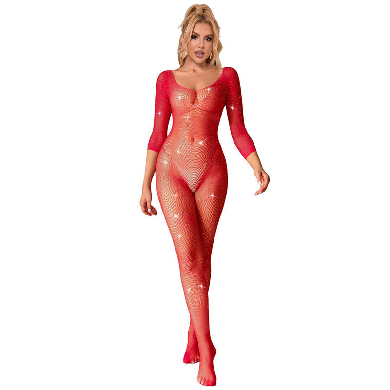 Subblime — 952419 Long-Sleeve Diamond Fishnet Bodystocking, Red, XS/M