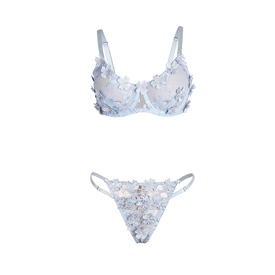 Subblime — Floral-Embroidered Bra & Panty Set, Sky Blue — S/M & L/XL — S/M