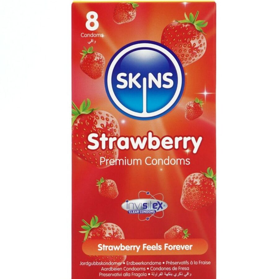 SKINS - PREMIUM KONDOMI SA UKUSOM JAGODE PAKOVANJE OD 8 KOMADA