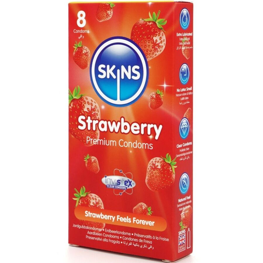 SKINS - PREMIUM KONDOMI SA UKUSOM JAGODE PAKOVANJE OD 8 KOMADA