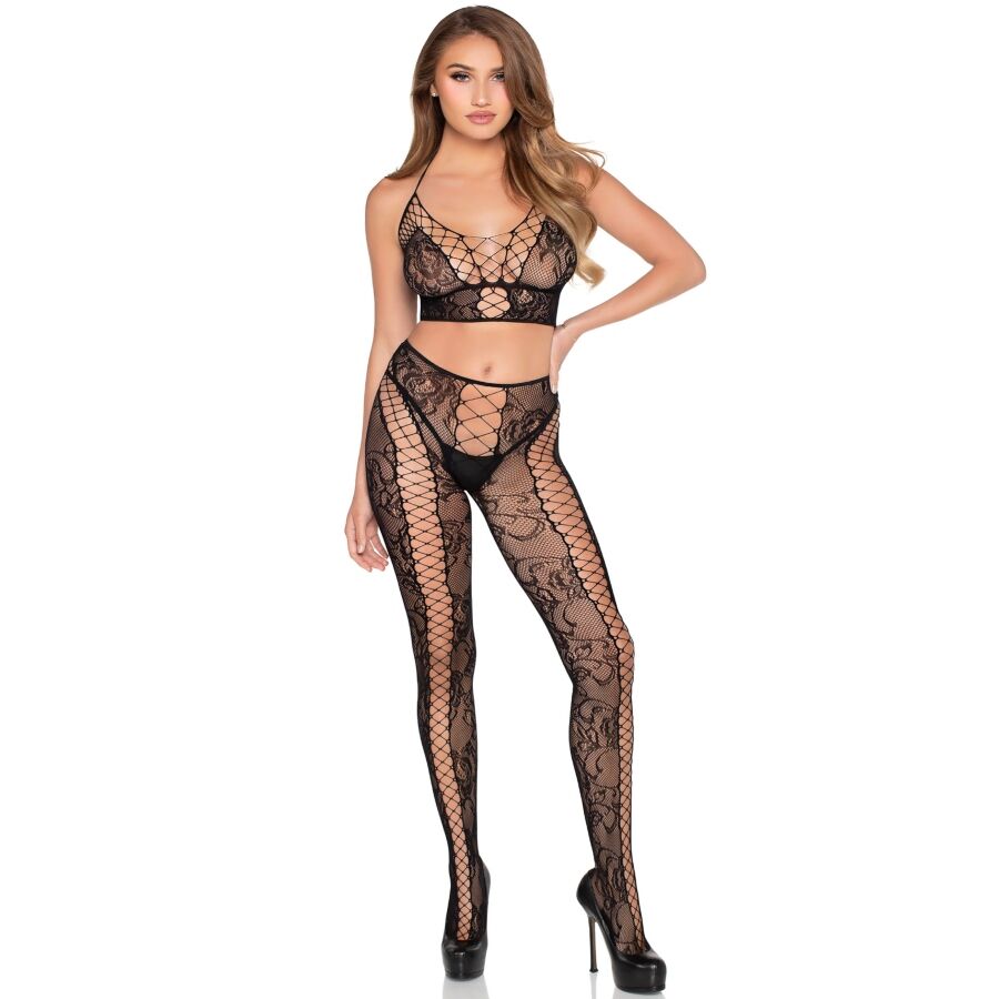 LEG Avenue — 89368 net & lace crop top and tights black - one size