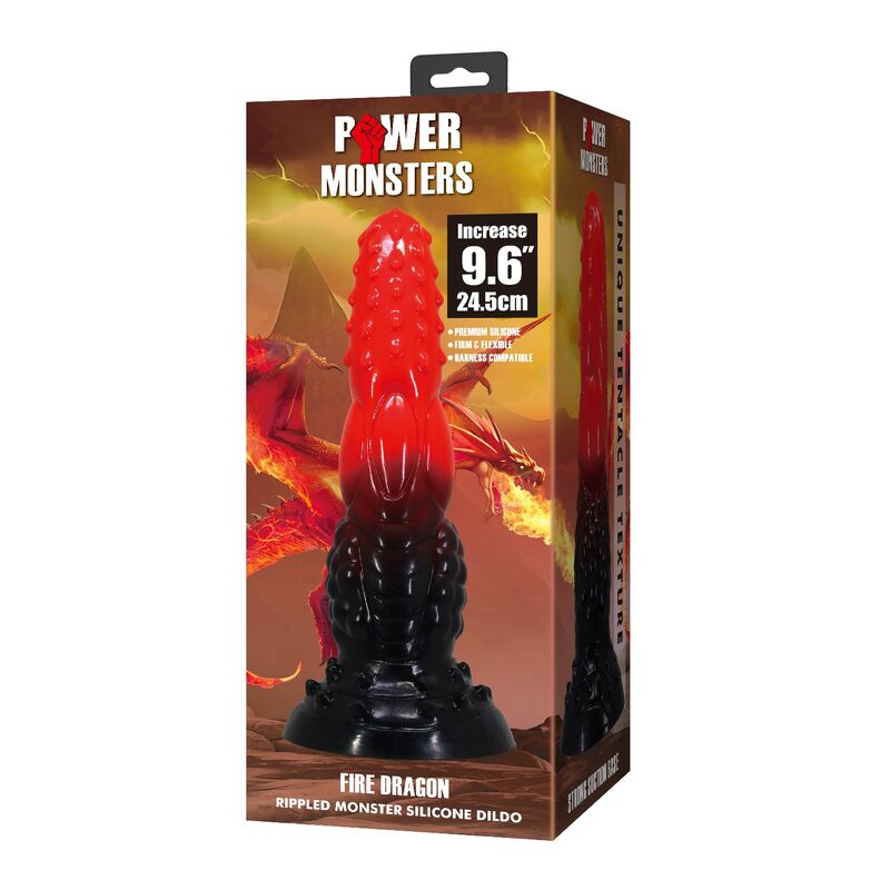 POWER MONSTERS - VATRENI ZMAJEVI FANTAZIJSKI DILDO SA VAKUUMSKOM ČASICOM 24.5 CM Ø 5.8 CM CRVENI I CRNI