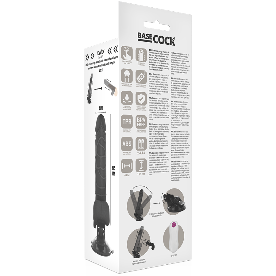 BASECOCK - REALISTIČAN VIBRATOR NA DALJINSKO UPRAVLJANJE CRNI SA TESTISIMA 19,5 CM -Ø- 4 CM