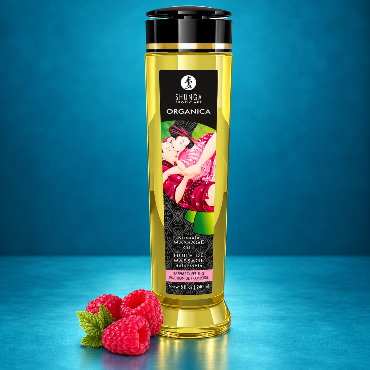 Shunga Organica Raspberry Feeling 240 ml – original bottle and label on turquoise background
