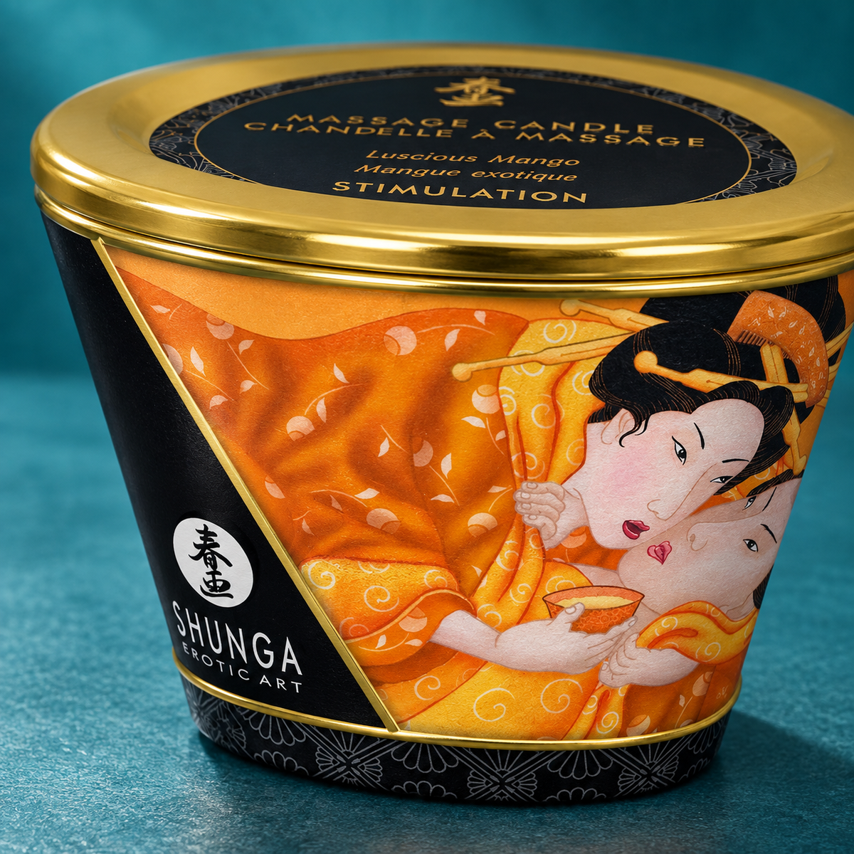 Shunga mango massage candle 170 ml — lid and label detail